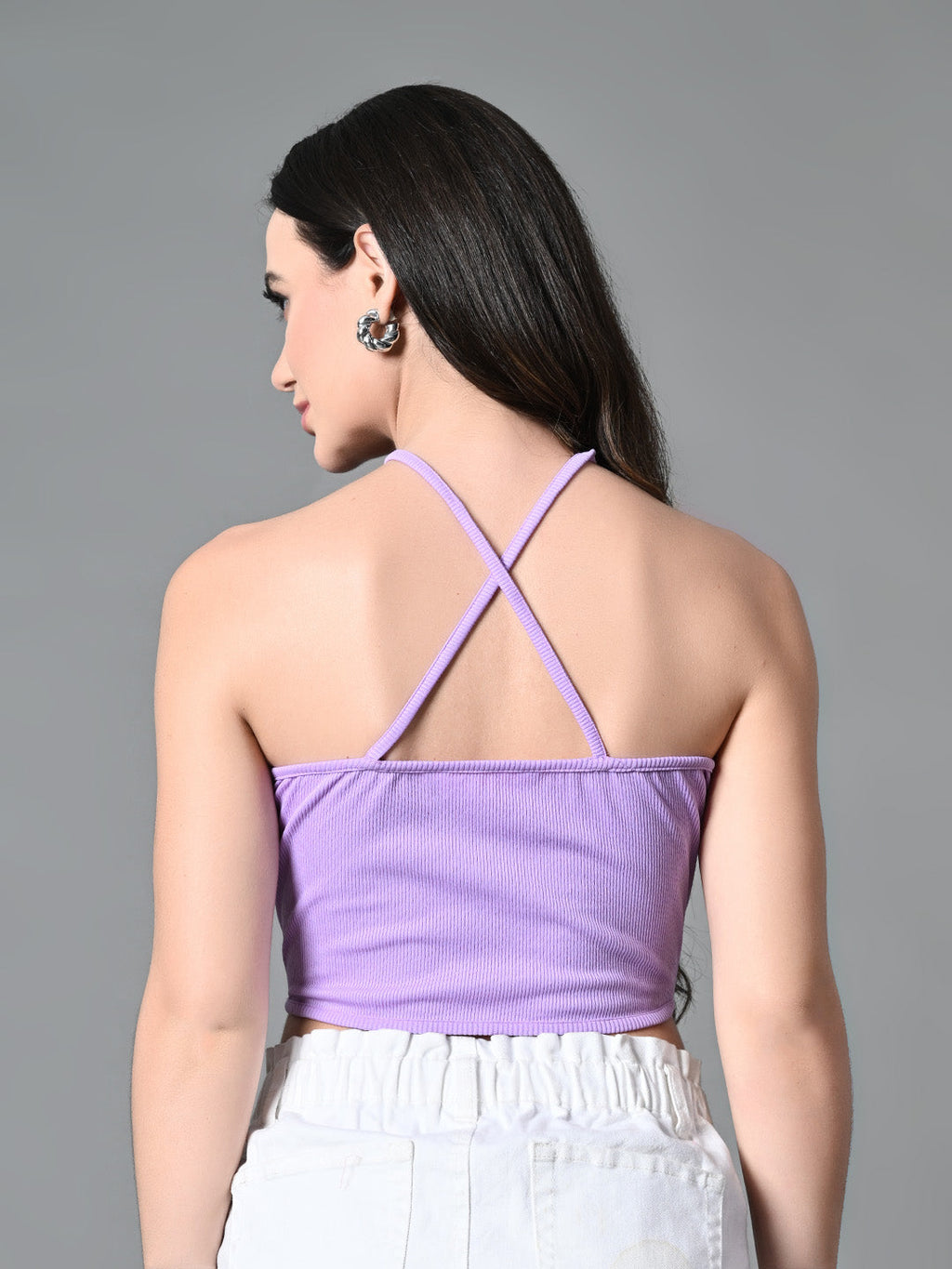 Myshka Women's Ribbed Halter Neck Sleeveless Top in Lavender Color