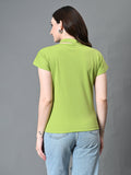 Myshka Women's Ribbed Choker Neck Cut-out Short Sleeves Top in Green Color