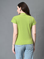 Myshka Women's Ribbed Choker Neck Cut-out Short Sleeves Top in Green Color