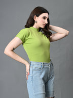 Myshka Women's Ribbed Choker Neck Cut-out Short Sleeves Top in Green Color