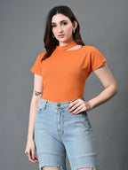 Myshka Women's Ribbed Choker Neck Cut-out Short Sleeves Top in Orange Color