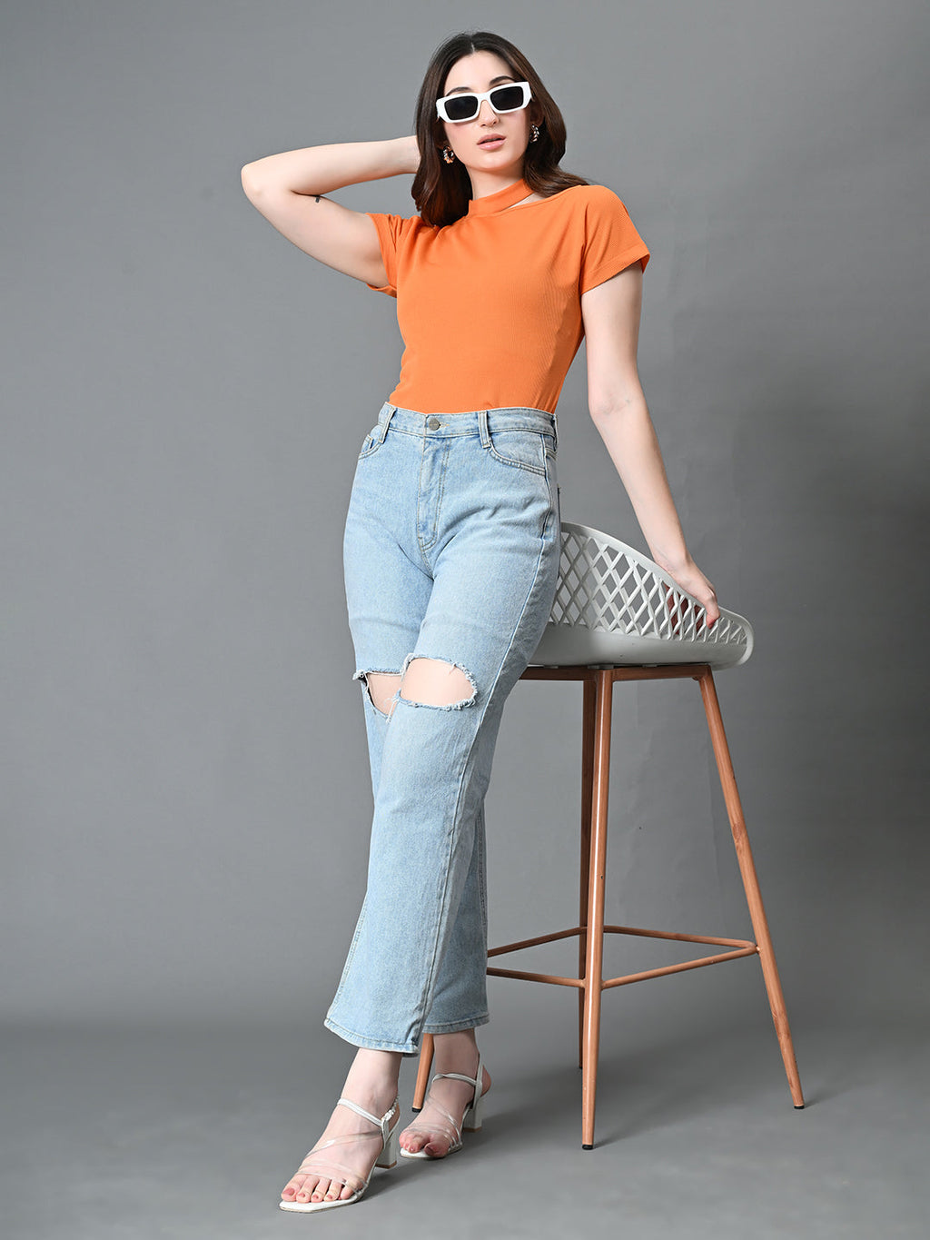 Myshka Women's Ribbed Choker Neck Cut-out Short Sleeves Top in Orange Color