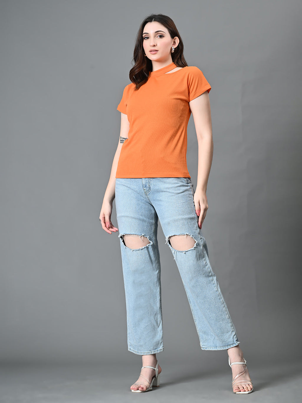 Myshka Women's Ribbed Choker Neck Cut-out Short Sleeves Top in Orange Color