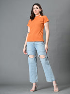 Myshka Women's Ribbed Choker Neck Cut-out Short Sleeves Top in Orange Color