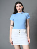 Myshka Women's Ribbed Choker Neck Cut-out Short Sleeves Top in Blue Color