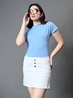 Myshka Women's Ribbed Choker Neck Cut-out Short Sleeves Top in Blue Color