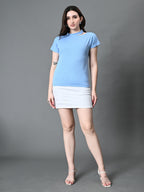 Myshka Women's Ribbed Choker Neck Cut-out Short Sleeves Top in Blue Color