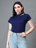 Myshka Women's Ribbed Choker Neck Cut-out Short Sleeves Top in Navy Blue Color