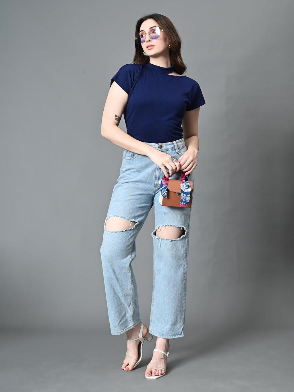 Myshka Women's Ribbed Choker Neck Cut-out Short Sleeves Top in Navy Blue Color