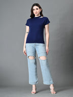 Myshka Women's Ribbed Choker Neck Cut-out Short Sleeves Top in Navy Blue Color