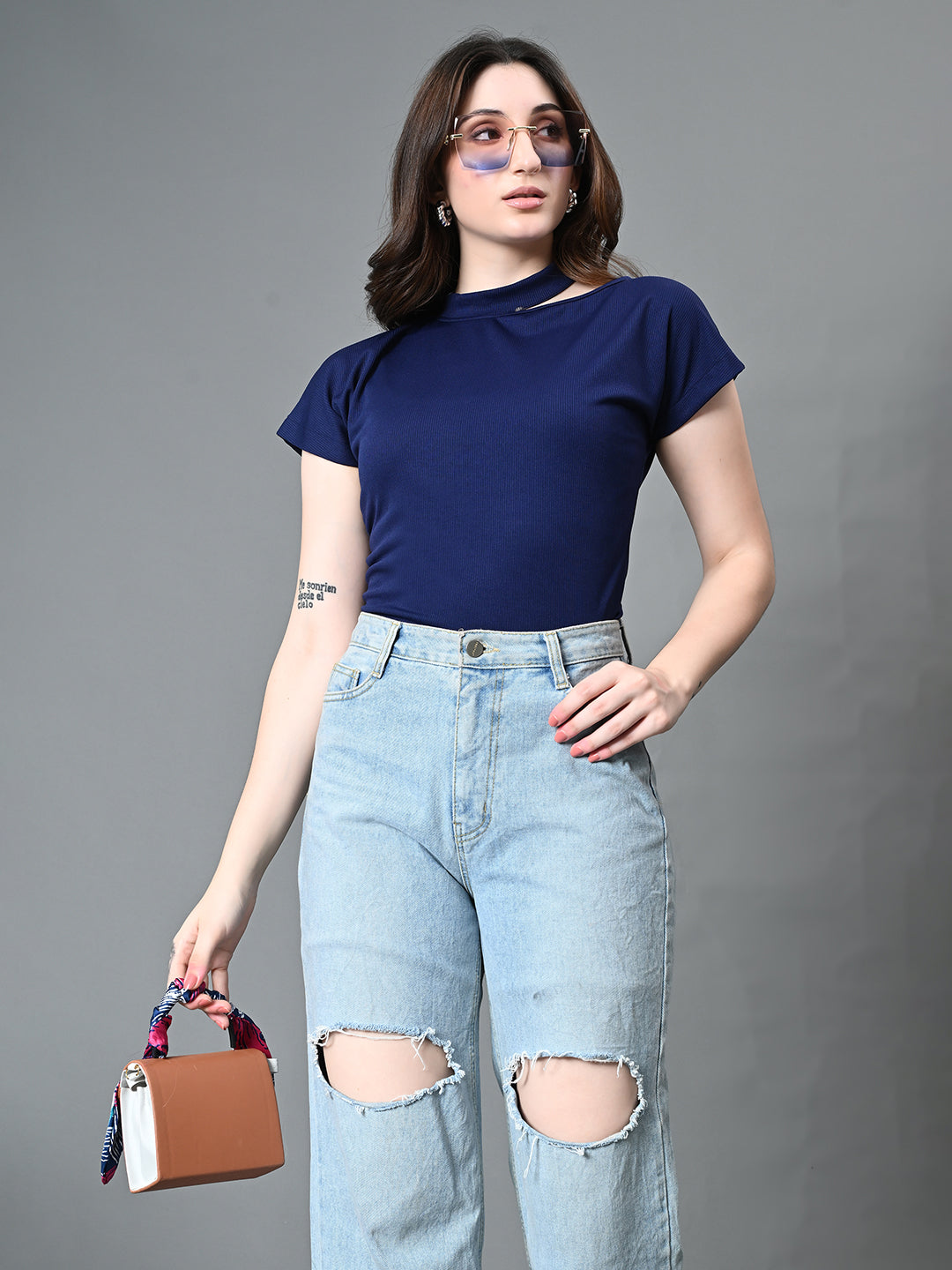 Myshka Women's Ribbed Choker Neck Cut-out Short Sleeves Top in Navy Blue Color