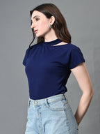 Myshka Women's Ribbed Choker Neck Cut-out Short Sleeves Top in Navy Blue Color