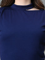 Myshka Women's Ribbed Choker Neck Cut-out Short Sleeves Top in Navy Blue Color