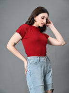 Myshka Women's Ribbed Choker Neck Cut-out Short Sleeves Top in Maroon Color