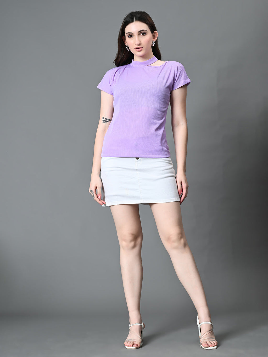 Myshka Women's Ribbed Choker Neck Cut-out Short Sleeves Top in Lavender Color