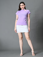Myshka Women's Ribbed Choker Neck Cut-out Short Sleeves Top in Lavender Color