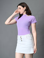 Myshka Women's Ribbed Choker Neck Cut-out Short Sleeves Top in Lavender Color