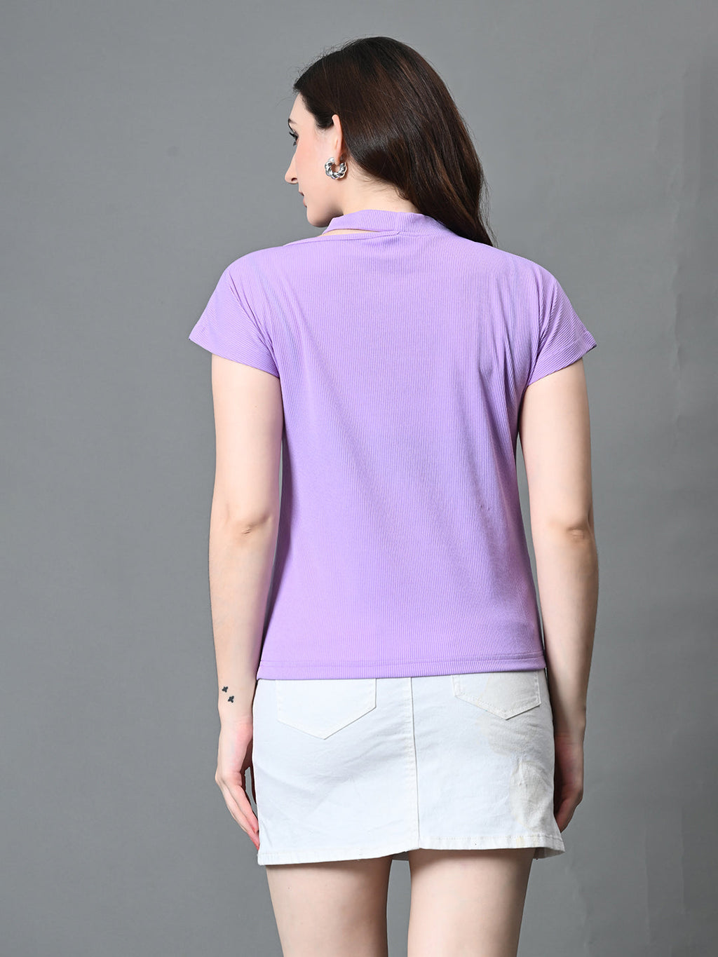 Myshka Women's Ribbed Choker Neck Cut-out Short Sleeves Top in Lavender Color