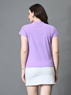 Myshka Women's Ribbed Choker Neck Cut-out Short Sleeves Top in Lavender Color