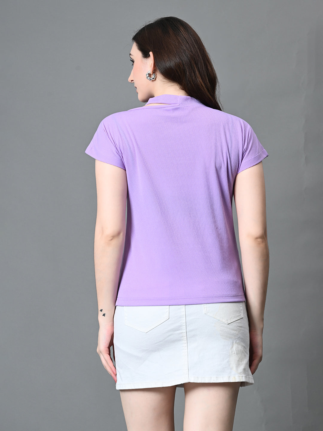 Myshka Women's Ribbed Choker Neck Cut-out Short Sleeves Top in Lavender Color