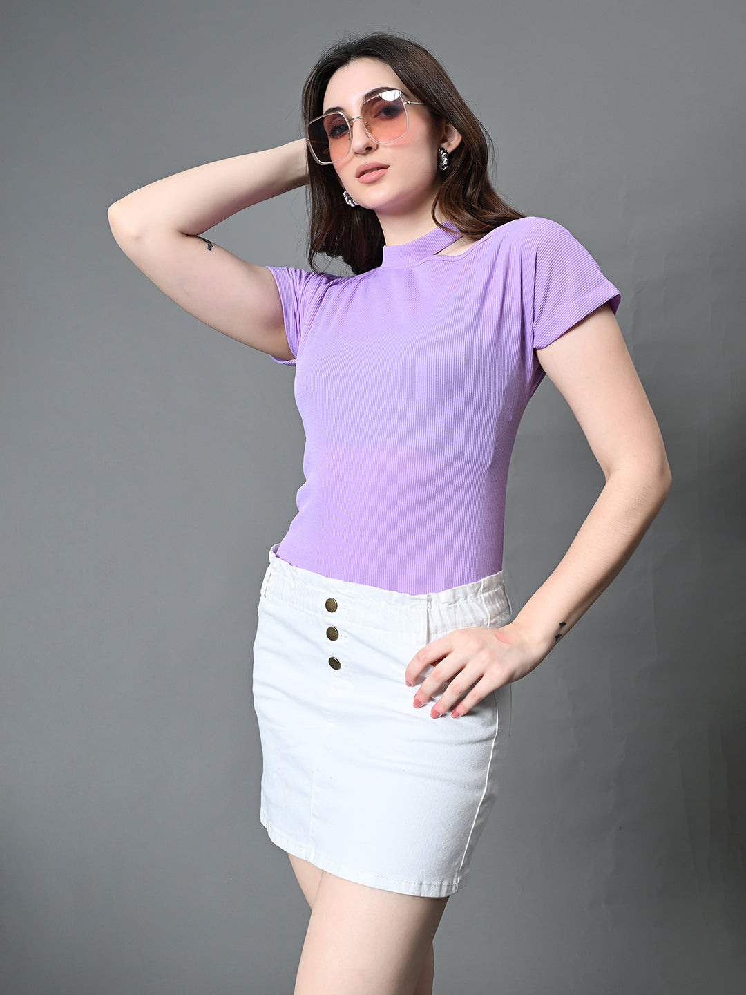 Myshka Women's Ribbed Choker Neck Cut-out Short Sleeves Top in Lavender Color