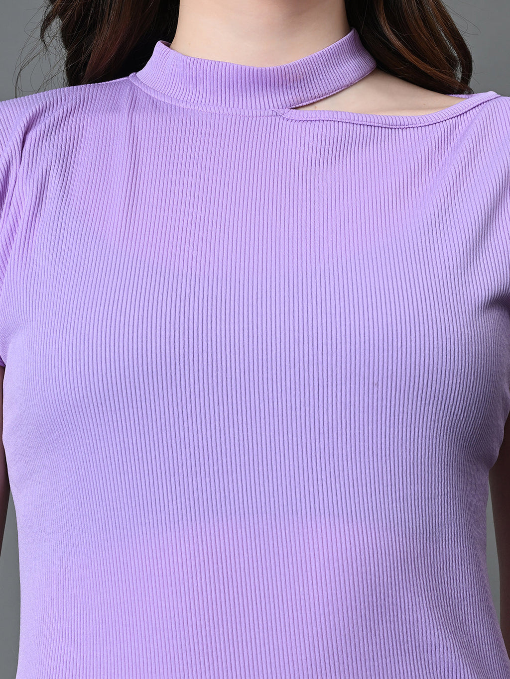 Myshka Women's Ribbed Choker Neck Cut-out Short Sleeves Top in Lavender Color