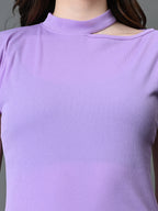 Myshka Women's Ribbed Choker Neck Cut-out Short Sleeves Top in Lavender Color