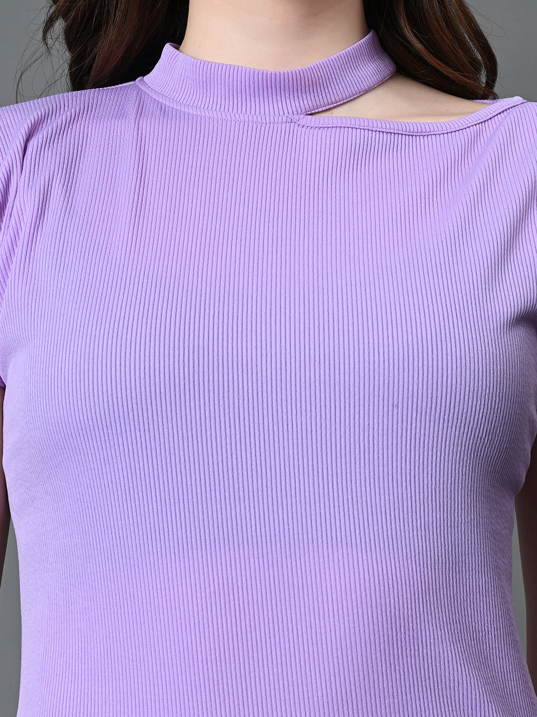 Myshka Women's Ribbed Choker Neck Cut-out Short Sleeves Top in Lavender Color
