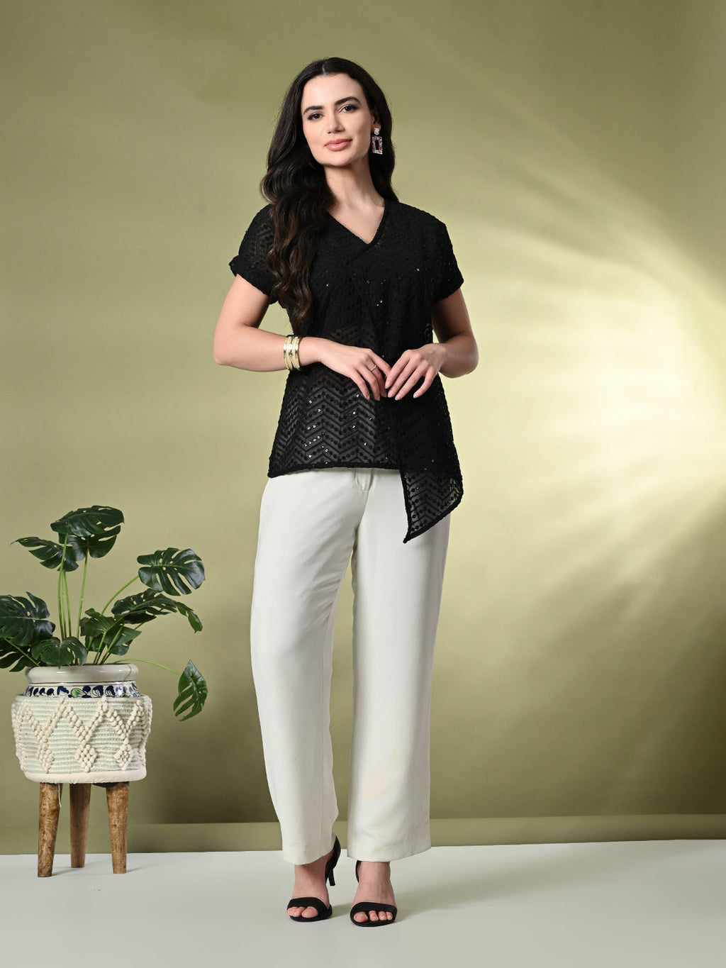 Myshka Women's Self Design Georgette High-Low Short Sleeves Party Tops In Black Color