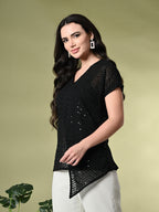 Myshka Women's Self Design Georgette High-Low Short Sleeves Party Tops In Black Color