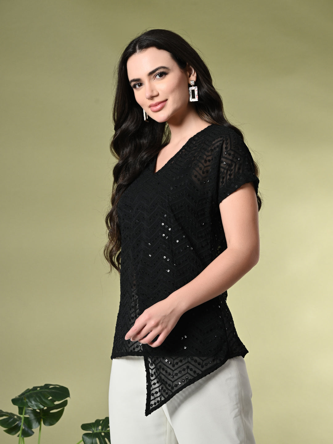 Myshka Women's Self Design Georgette High-Low Short Sleeves Party Tops In Black Color