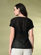 Myshka Women's Self Design Georgette High-Low Short Sleeves Party Tops In Black Color