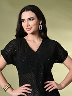 Myshka Women's Self Design Georgette High-Low Short Sleeves Party Tops In Black Color