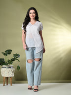 Myshka Women's Self Design Georgette High-Low Short Sleeves Party Tops In White Color