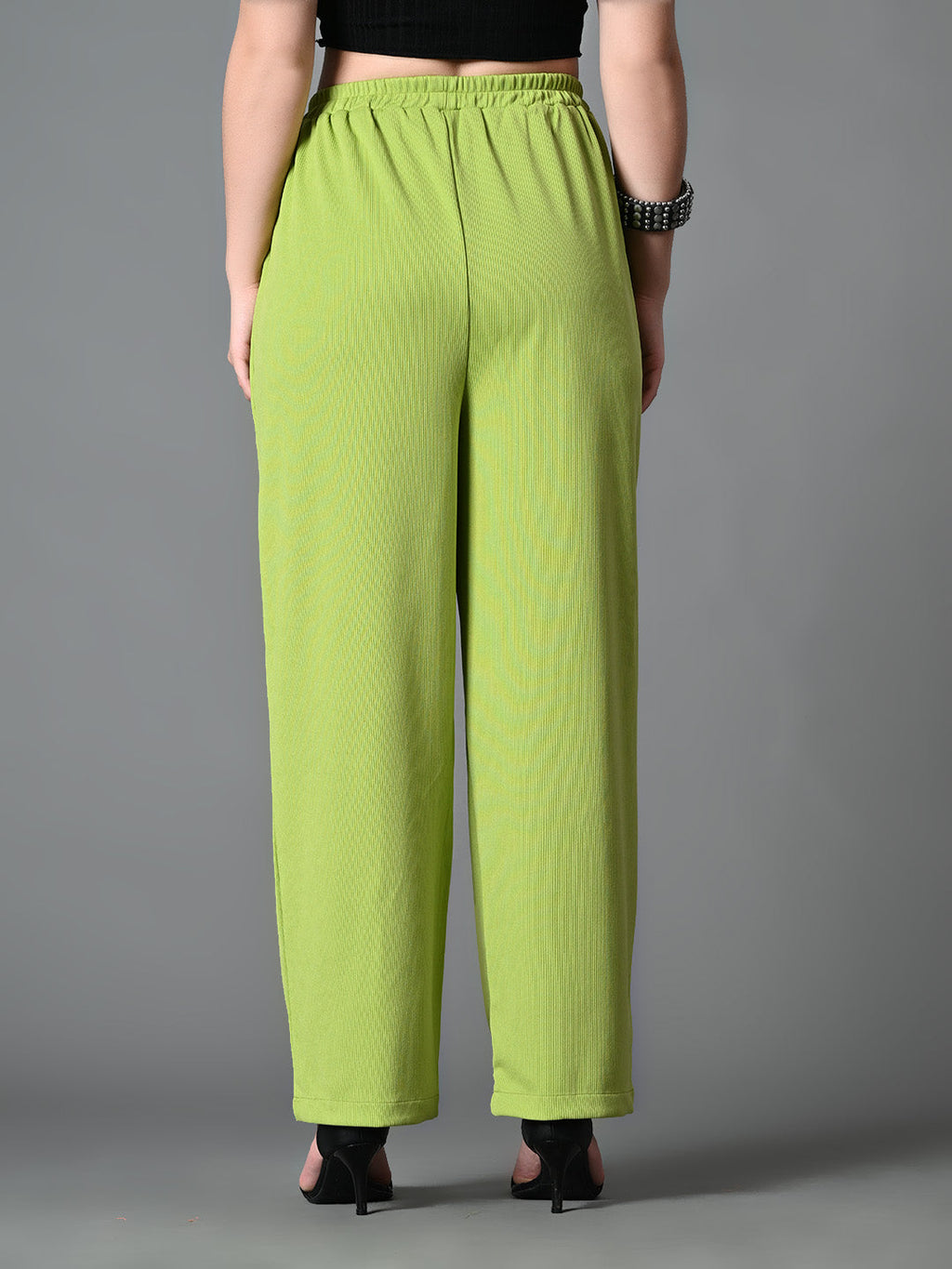 Myshka Women's Solid Ribbed High-Rise Wide Leg Casual Trousers in Green Color