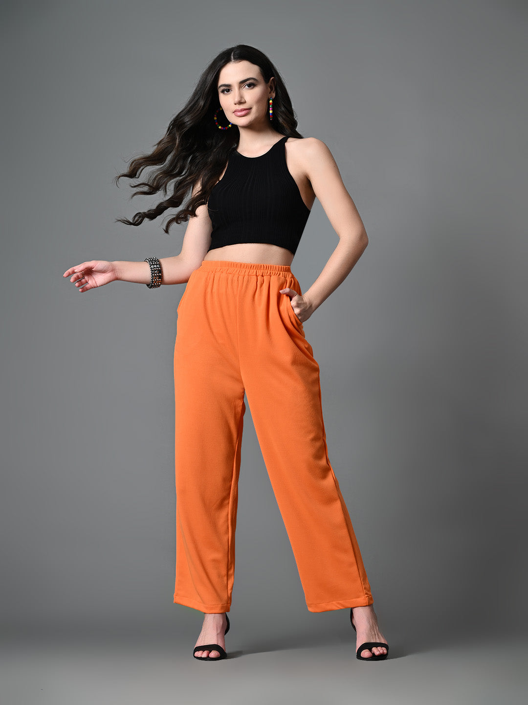 Myshka Women's Solid Ribbed High-Rise Wide Leg Casual Trousers in Orange Color