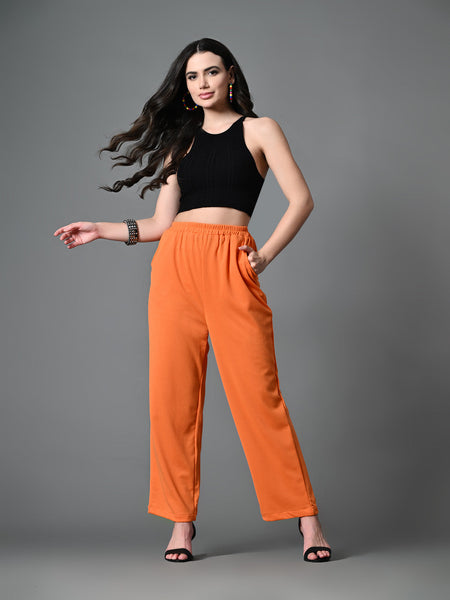 Myshka Women's Solid Ribbed High-Rise Wide Leg Casual Trousers in Orange Color
