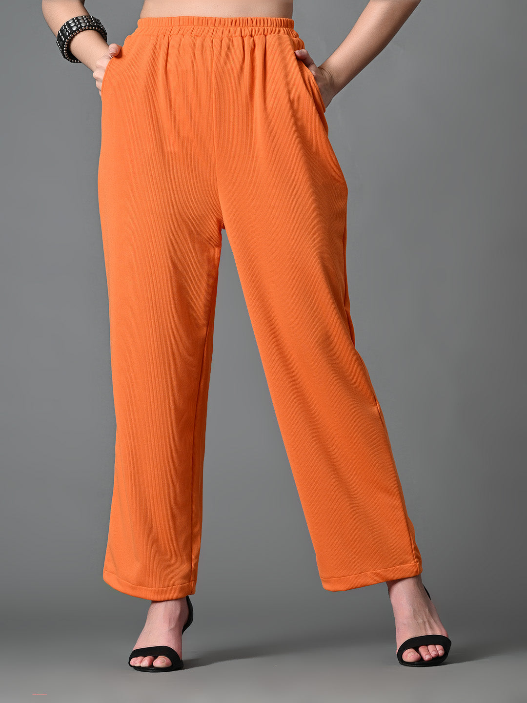 Myshka Women's Solid Ribbed High-Rise Wide Leg Casual Trousers in Orange Color