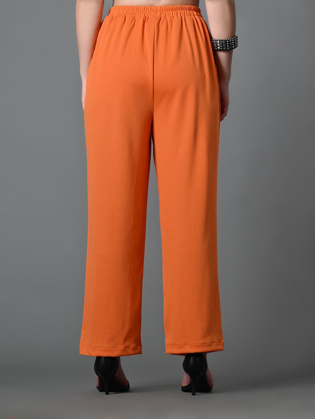 Myshka Women's Solid Ribbed High-Rise Wide Leg Casual Trousers in Orange Color