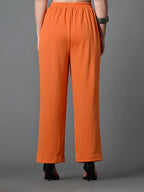 Myshka Women's Solid Ribbed High-Rise Wide Leg Casual Trousers in Orange Color