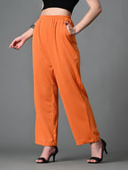 Myshka Women's Solid Ribbed High-Rise Wide Leg Casual Trousers in Orange Color