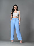 Myshka Women's Solid Ribbed High-Rise Wide Leg Casual Trousers in Blue Color