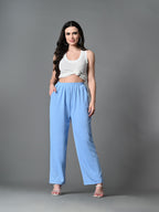 Myshka Women's Solid Ribbed High-Rise Wide Leg Casual Trousers in Blue Color