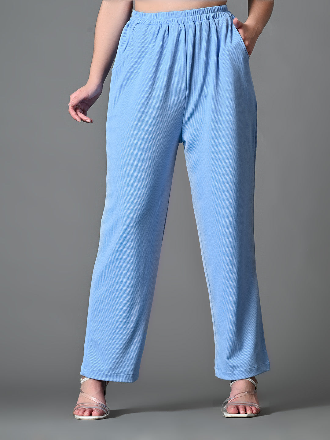 Myshka Women's Solid Ribbed High-Rise Wide Leg Casual Trousers in Blue Color