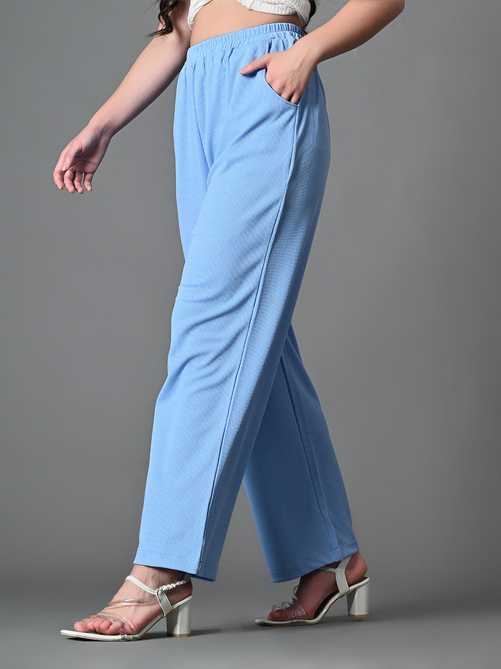 Myshka Women's Solid Ribbed High-Rise Wide Leg Casual Trousers in Blue Color