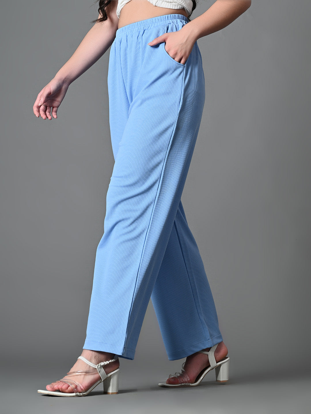 Myshka Women's Solid Ribbed High-Rise Wide Leg Casual Trousers in Blue Color
