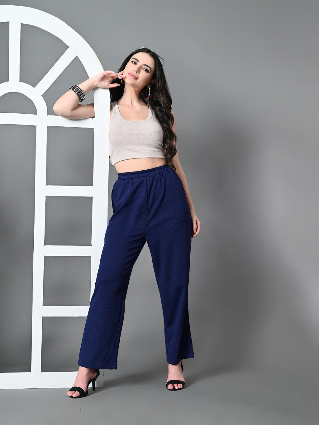 Myshka Women's Solid Ribbed High-Rise Wide Leg Casual Trousers in Navy Blue Color