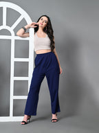 Myshka Women's Solid Ribbed High-Rise Wide Leg Casual Trousers in Navy Blue Color