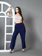 Myshka Women's Solid Ribbed High-Rise Wide Leg Casual Trousers in Navy Blue Color