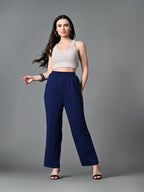 Myshka Women's Solid Ribbed High-Rise Wide Leg Casual Trousers in Navy Blue Color